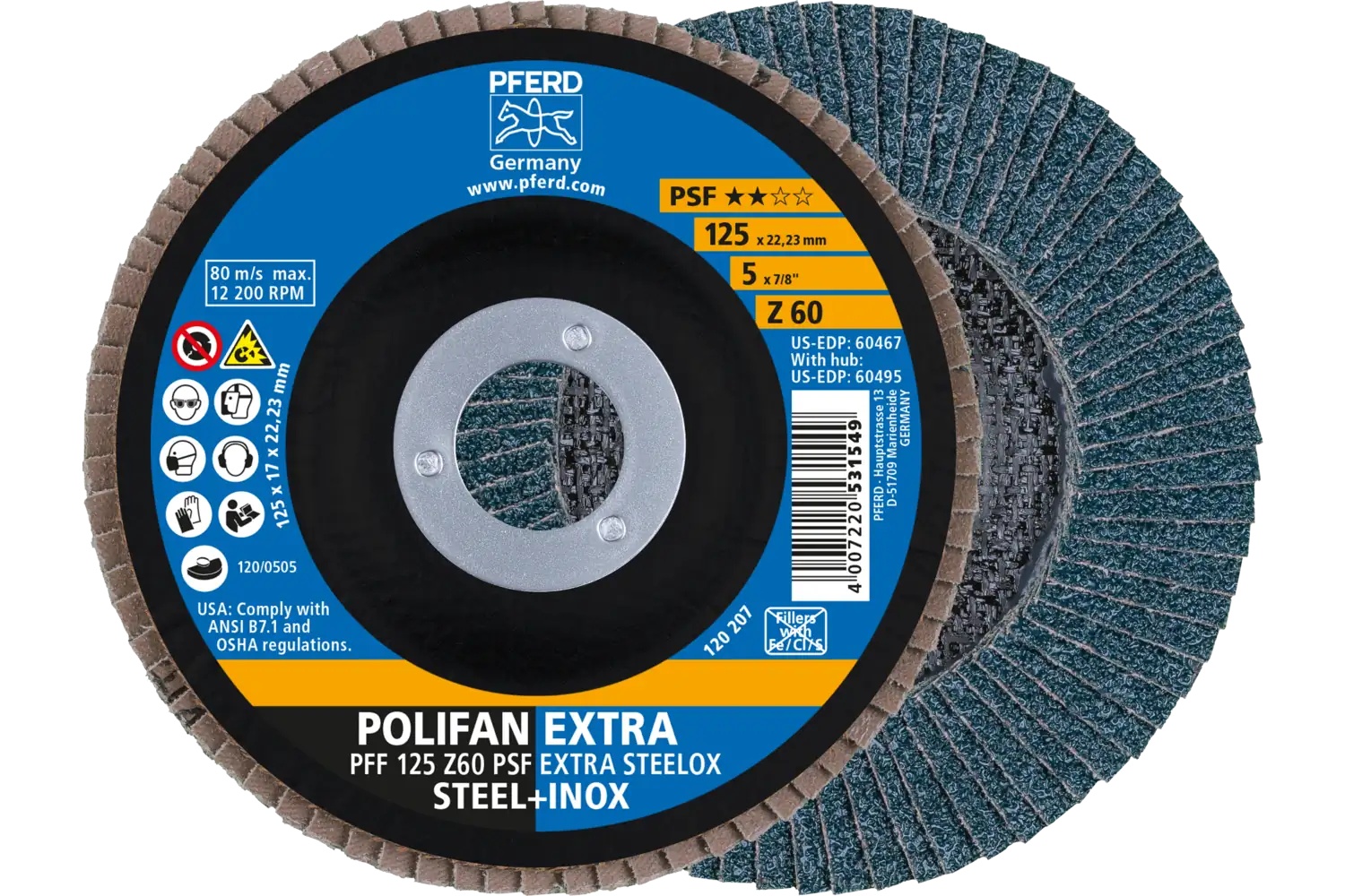 Picture of Pferd Flap Disc, 5" x 7/8, Z PSF Extra Steelox, 60 Grit, T27, Flat, Zirconia
